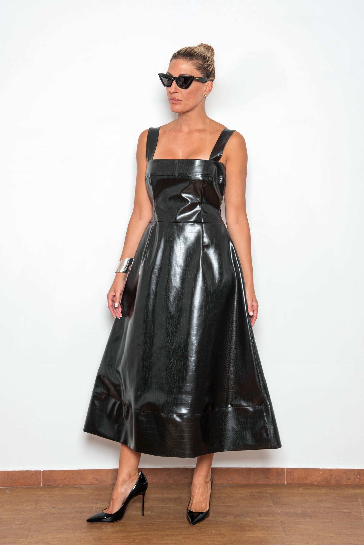 Leather Effect Midi Black Dress