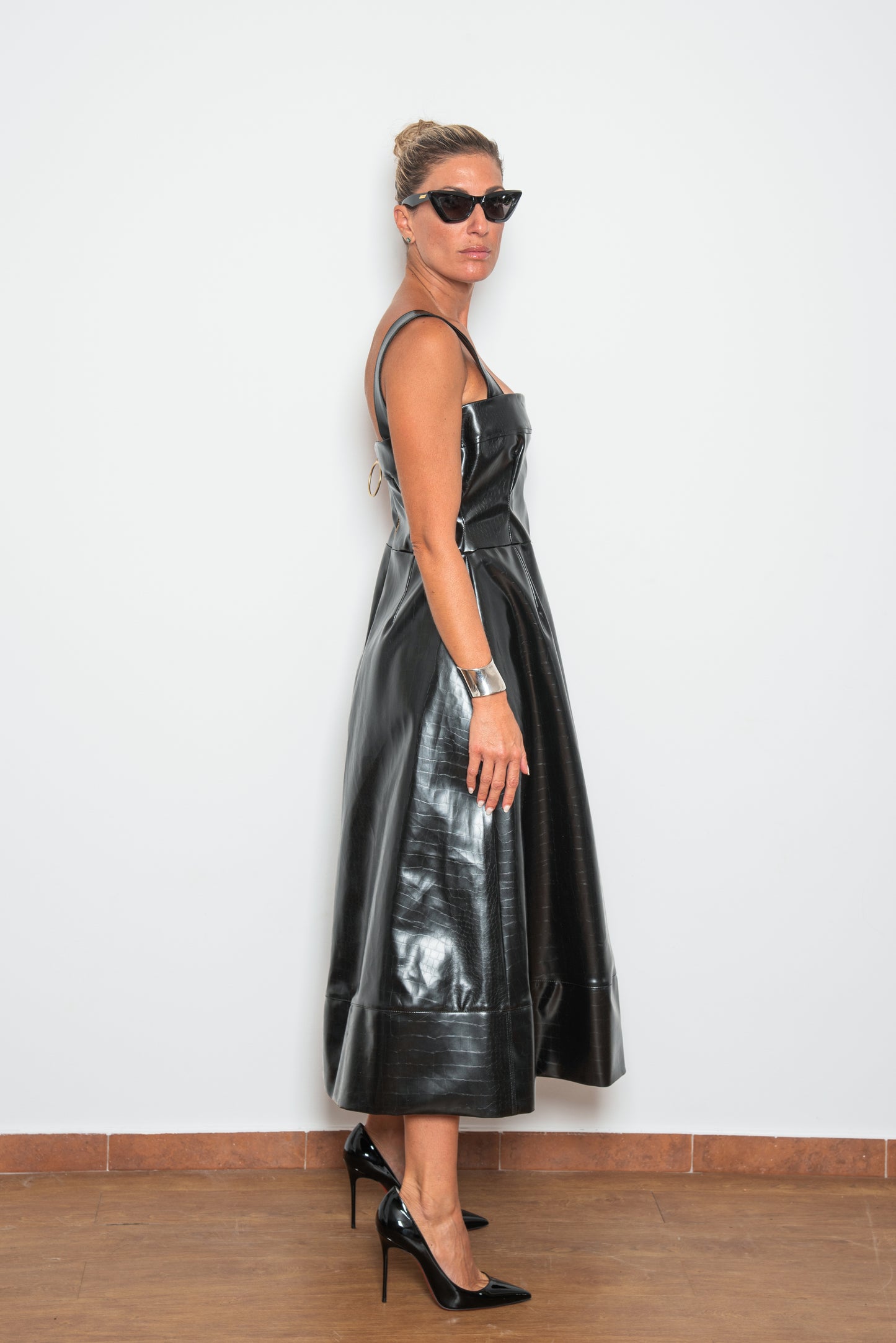 Faux Leather Midi Black Dress