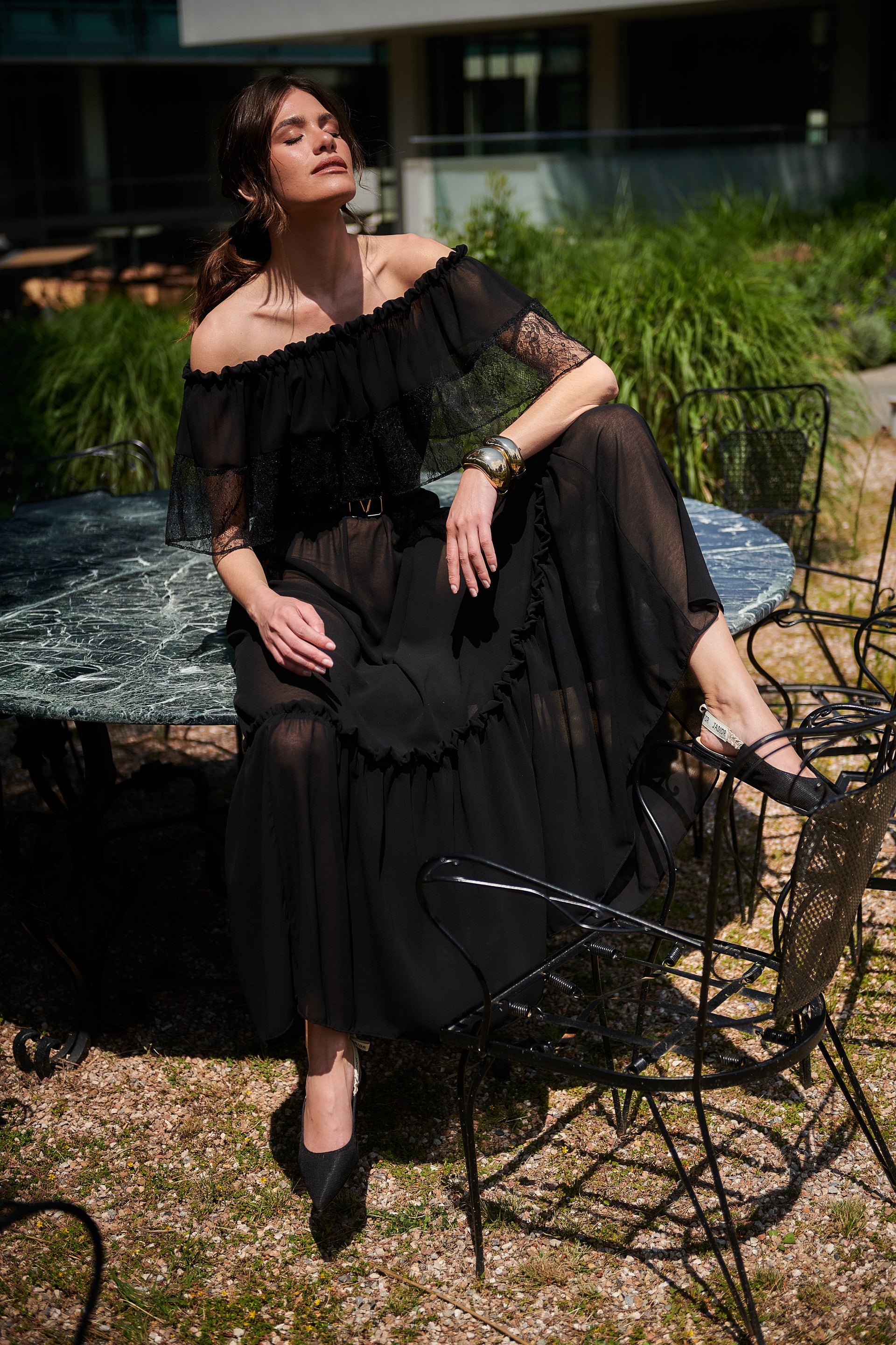 Black Sheer Off-Shoulder Maxi Dress with Lace | Maria Zoupou SS25 Black Sheer Off-Shoulder Maxi Dress with Lace | Maria Zoupou SS25